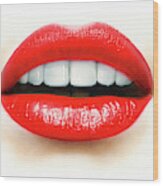 Close Up Of Mouth, Teeth And Red Lips Wood Print
