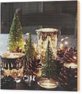 Closeup Of Candles And Decorations For The Holidays Wood Print