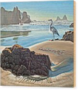 Coast With Great Blue Heron Wood Print