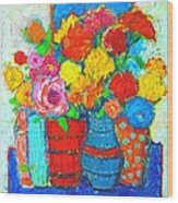 Colorful Vases And Flowers - Abstract Expressionist Painting Wood Print