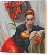 Common Threads - Divine Feminine In Silk Red Dress Wood Print