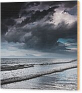 Dark Storm Clouds Over The Ocean With Wood Print