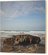 Deck Chairs On Coastal Rock Looking Out Wood Print