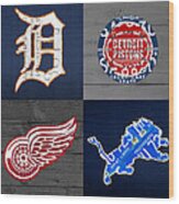 Detroit Sports Fan Recycled Vintage Michigan License Plate Art Tigers Pistons Red Wings Lions Wood Print