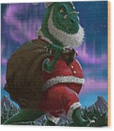 Dinosaur Christmas Santa Out In The Snow Wood Print