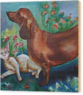 Dog And Cat In The Garden Wood Print