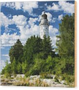 Cana Island Lighthouse Cloudscape In Door County Wood Print