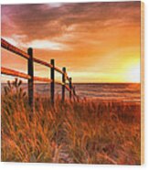 Door County Europe Bay Fence Sunrise Wood Print