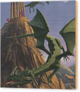 Dragons Flying Around A Temple On Mountain Top Wood Print