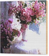 Dreamy Cottage Chic Impressionistic Flowers - Pink Roses Pink Vases Wood Print