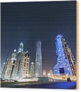 Dubai Marina Skyline At A Starry Night Wood Print