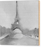 Eiffel Tower Watercolor Painting - Black And White Wood Print