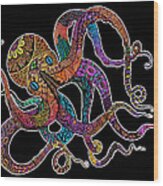 Electric Octopus On Black Wood Print