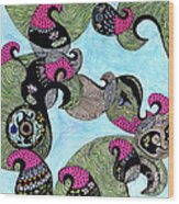 Elephant Lotus And Bird Design Wood Print