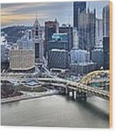 Extra Wide Cloudy Pittsburgh Skyline Panorama Wood Print