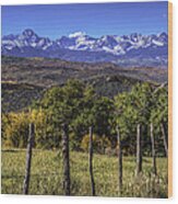 Fence Line And Mountains Wood Print