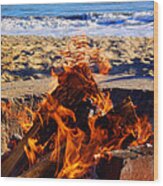 Fire At The Beach Wood Print