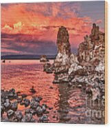 Fire - Sunset View Of The Strange Tufa Towers Of Mono Lake And Moonrise In California. Wood Print