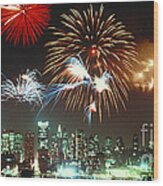Fireworks Over Nyc Skyline Wood Print