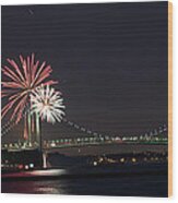 Fireworks Over Verrazano Bridge Wood Print
