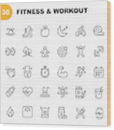 Fitness And Workout Line Icons. Editable Stroke. Pixel Perfect. For Mobile And Web. Contains Such Icons As Bodybuilding, Heartbeat, Swimming, Cycling, Running, Diet. Wood Print