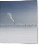 Fog Over  Frozen River With Fuming Pipe Wood Print
