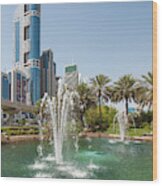 Fountain And Downtown Skyline Of Dubai Wood Print