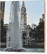 Fountain And Philadelphia City Hall Wood Print