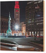Fountain And Terminal Tower In Red Wood Print