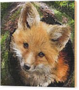 Fox Kit In Log Wood Print