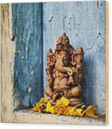 Ganesha Statue And Flower Petals Wood Print