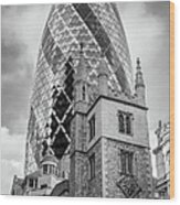 Gherkin And St Andrew Undershaft Black And White Version Wood Print