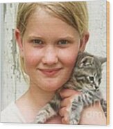 Girl With Kitten Wood Print