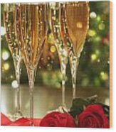 Glasses Of Champagne And Red Roses Wood Print