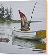Gnome Fisherman In A White Maine Boat On A Foggy Morning Wood Print