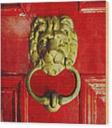Golden Brass Lion On Red Door Wood Print
