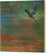 Great Blue Heron In Mystic Flight Wood Print