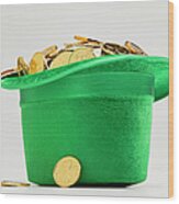 Green Hat Filled With Golden Coins Wood Print