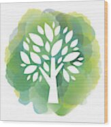 Green Tree Icon On Watercolor Background Wood Print
