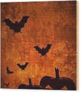 Halloween Pumpkins And Bats Wood Print