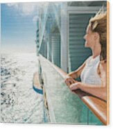 Happy Woman Looking At Sea From A Cruise Ship. Wood Print