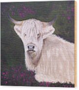Highland Cow In The Heather Wood Print