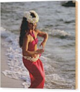 Hula Dancer Hawaii At Waters Edge Surf Wood Print