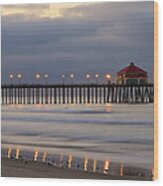 Huntington Beach Pier Morning Lights Wood Print