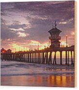 Huntington Beach Pier Sunset Wood Print