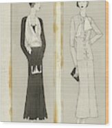 Illustration Of Two Women In Elegant Fashion Wood Print