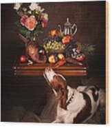 Irish Red And White Setter With Fruits... Wood Print
