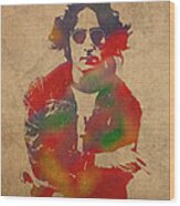 John Lennon Watercolor Portrait on Worn Distressed Canvas Wood Print