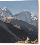 Kantega Mountain Peak And Pagoda At Dingboche Village, Everest Region Wood Print
