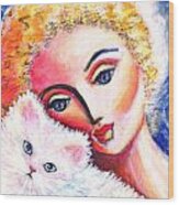Lady And White Persian Cat Wood Print